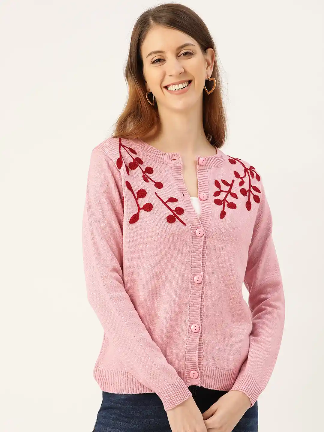 DressBerry Women Pink Embroidered Cardigan