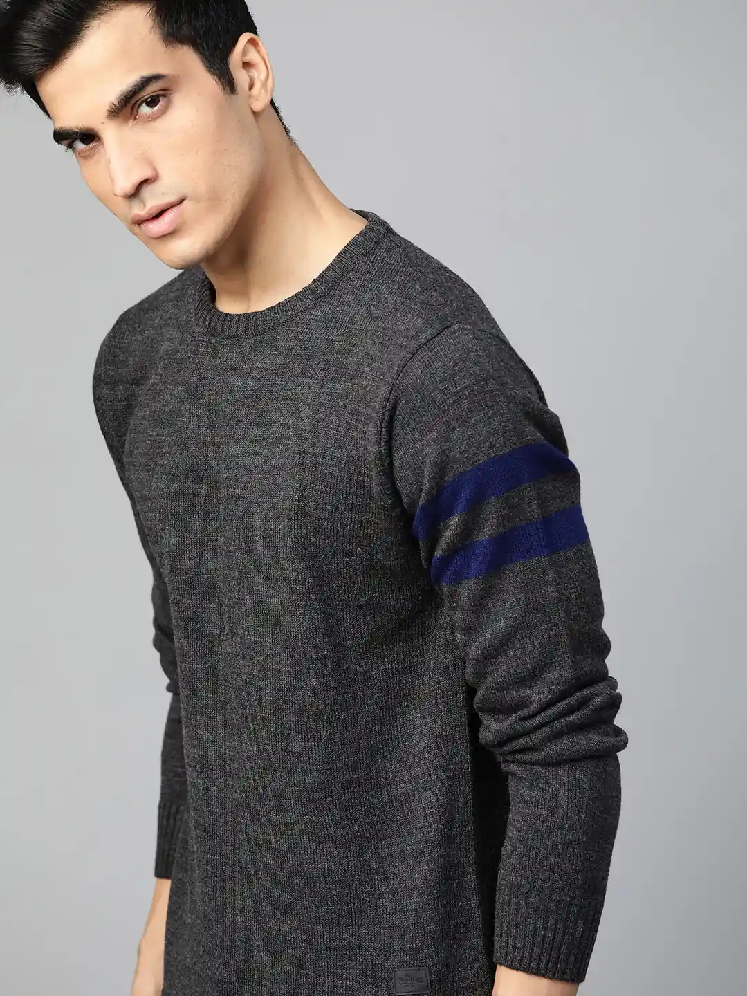 Roadster Men Charcoal Grey Solid Pullover Sweater