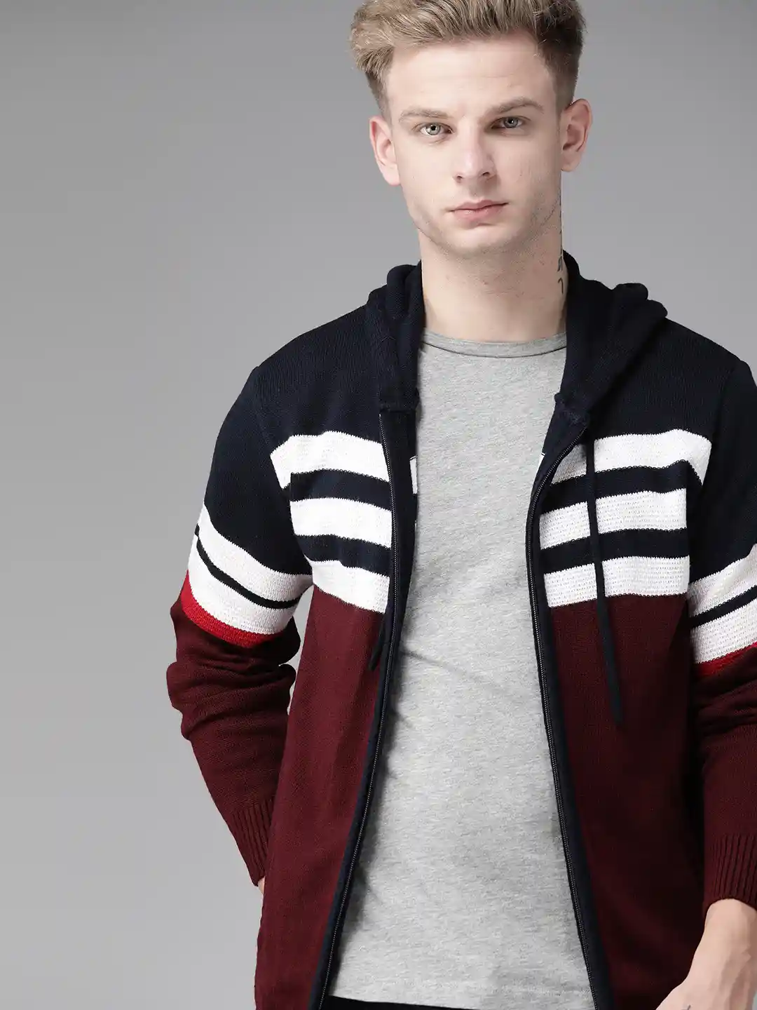 Buy Roadster Men Navy Blue White Striped Hooded Cardigan Sweater