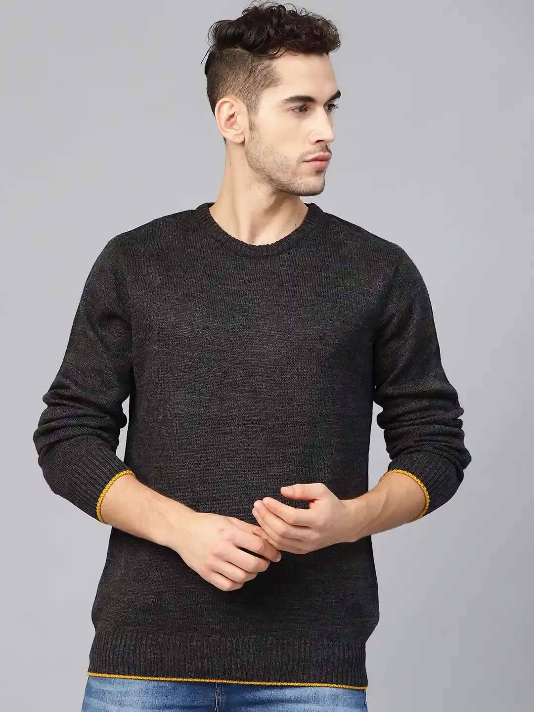 Roadster Men Charcoal Grey Solid Acrylic Sweater