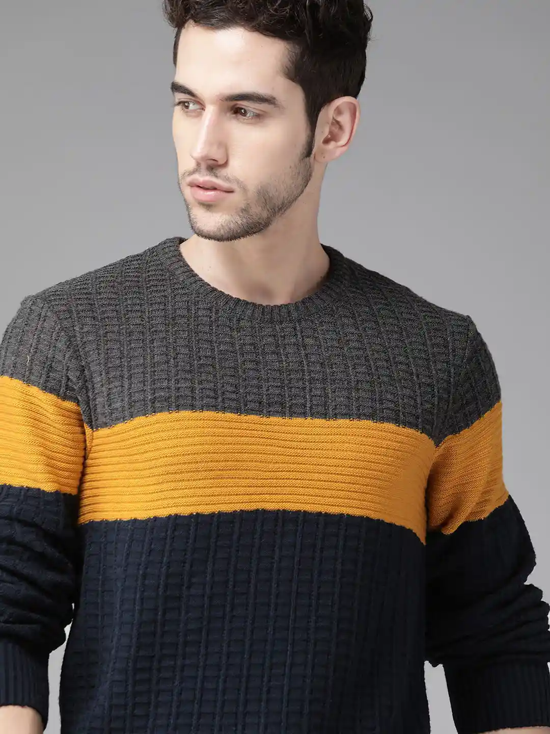 Buy Roadster Men Navy Blue mustard Yellow Colourblocked Pullover