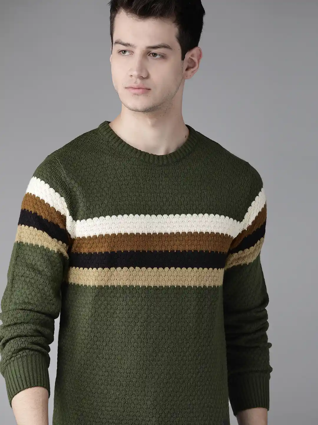 Buy Roadster Men Olive Green Off-White Striped Pullover Sweater