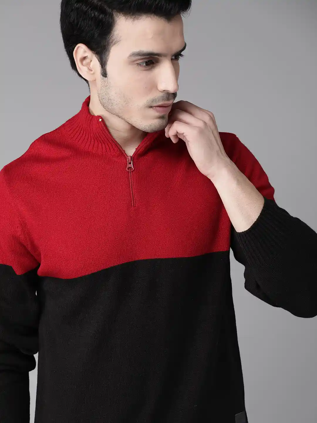 Roadster Men Red Black Colourblocked Pullover Sweater