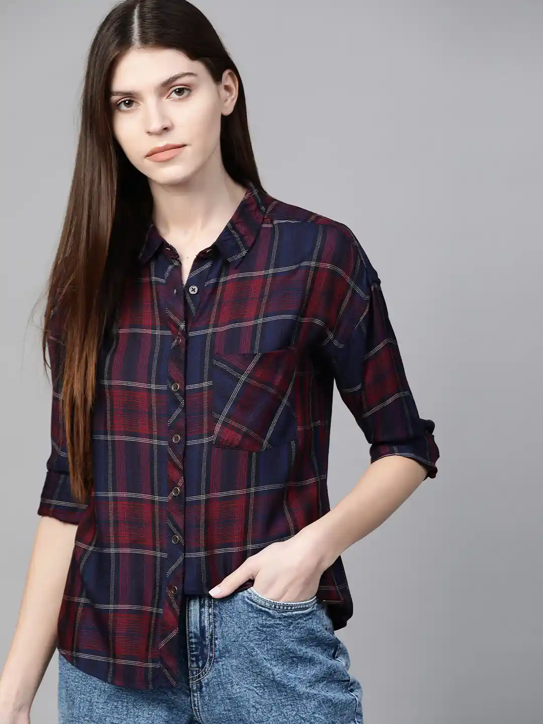 Roadster Women Navy Blue Maroon Regular Fit Checked Casual Shirt