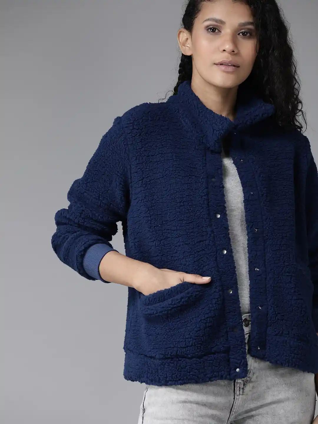 Buy Roadster Women Navy Blue Solid Tailored Sherpa Jacket