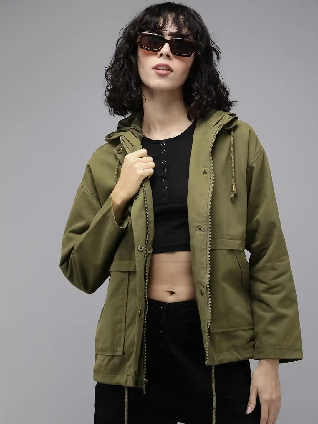 Buy Roadster Women Olive Green Solid Hooded Tailored Jacket