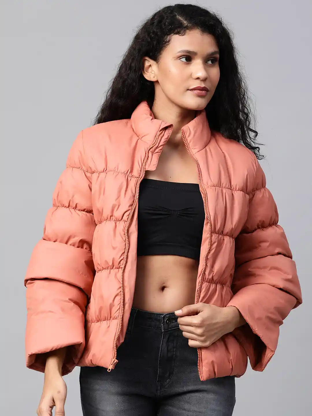 Vogacloset Grey Peach Skin Cropped Puffer Jacket Pretty Little Thing Puffer Coat New Arrivals