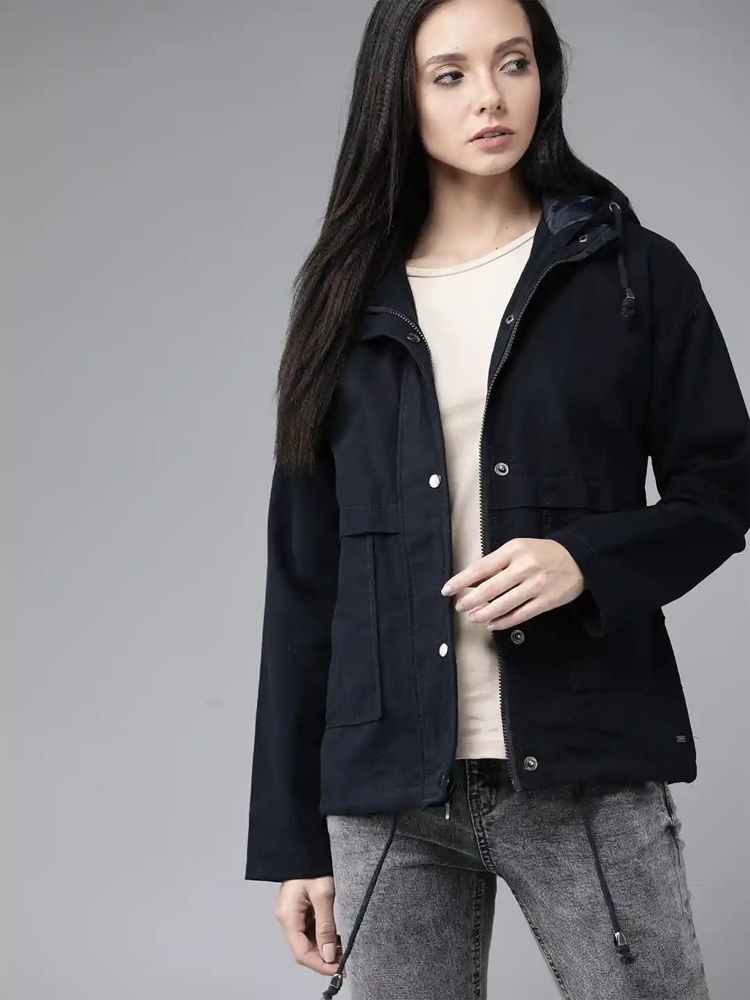 Buy Roadster Women Navy Blue Solid Hooded Jacket Jackets for