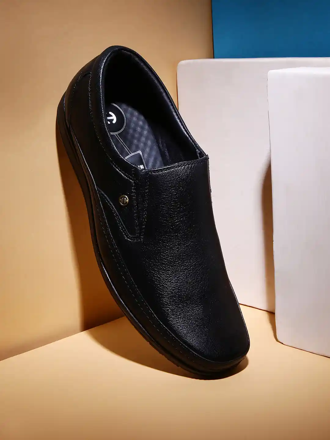 Liberty Men Black Solid Leather Formal Slip-On Shoes