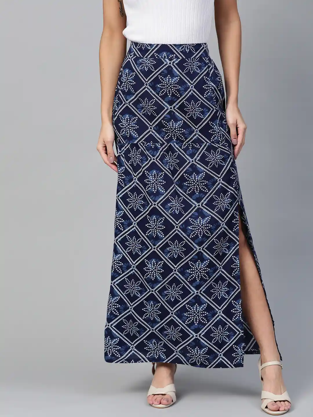 Buy HERE&NOW Women Navy White Bandhani Print Maxi A-Line Skirt