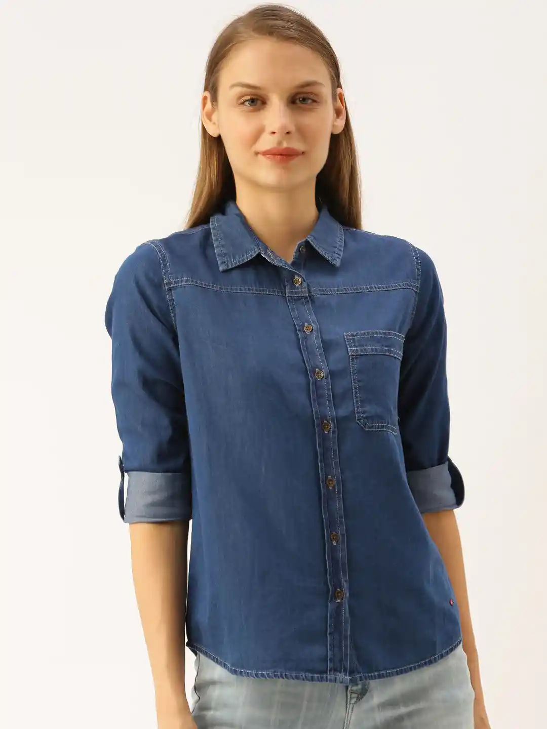 Buy Lee Cooper Women Blue Regular Fit Solid Casual Denim Shirt
