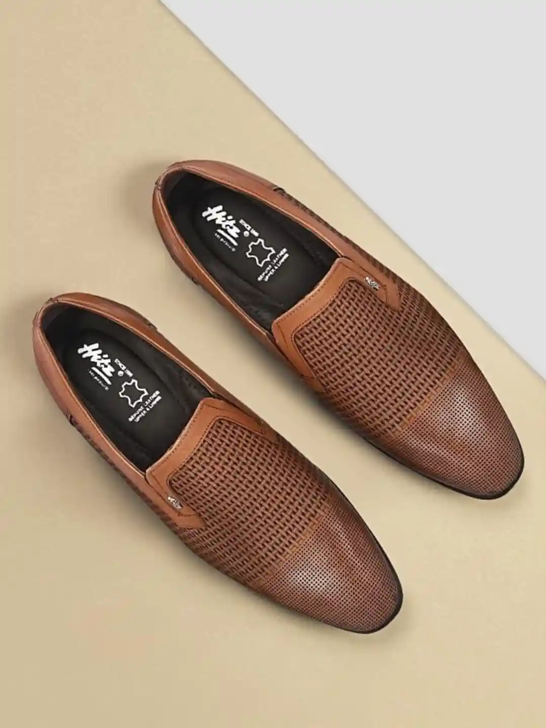 Buy Hitz Men Tan Brown Woven Design Leather Formal Slip-Ons