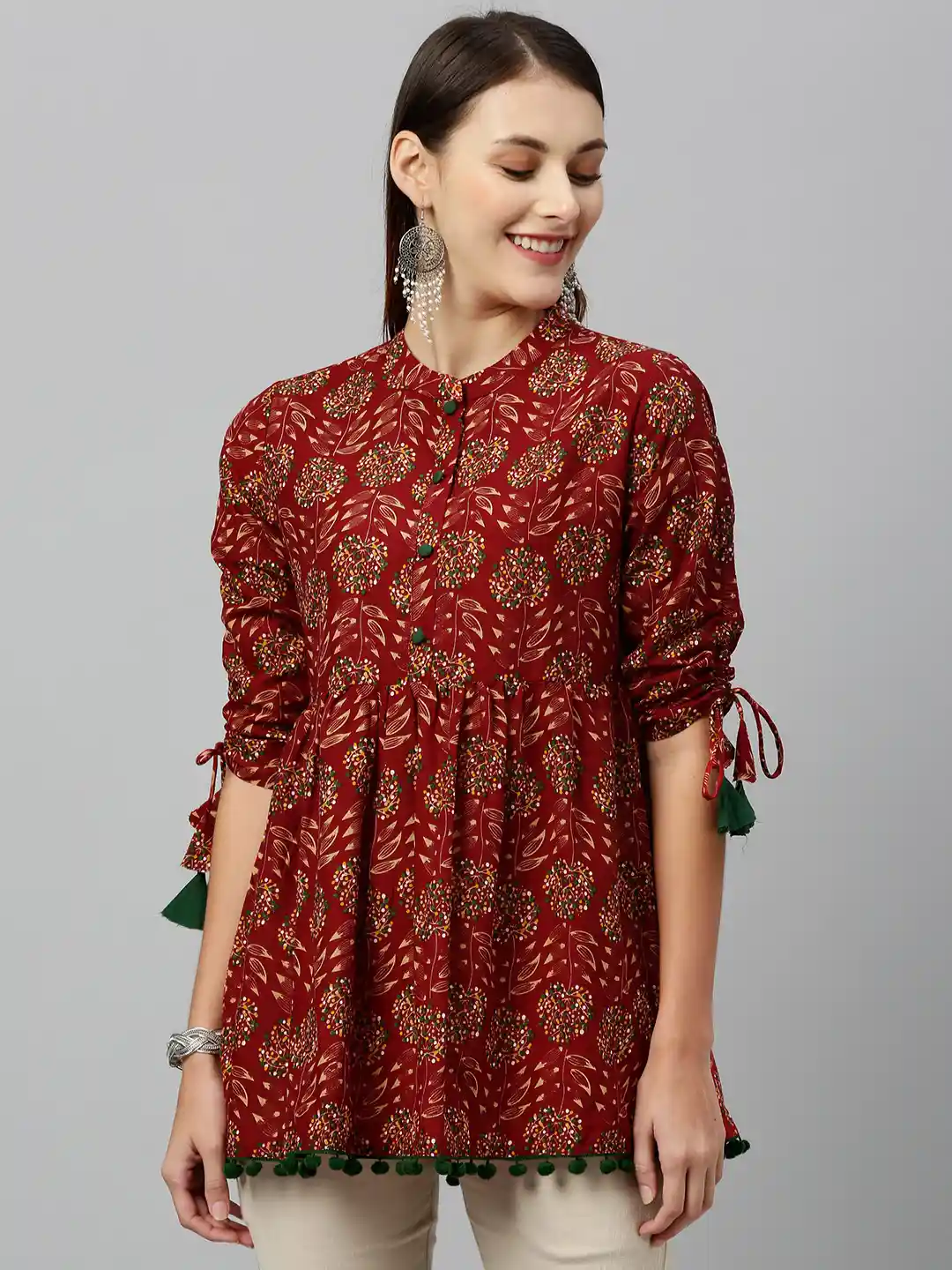 Buy kipek Maroon Green Floral Tie-Up Sleeve Pure Cotton Top
