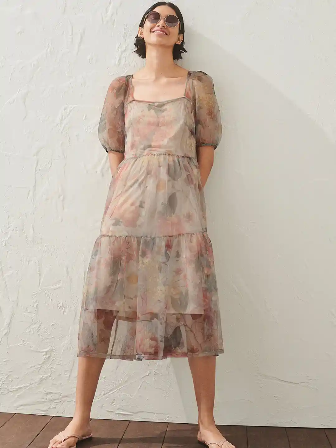 Buy H&M Women Multicolored Puff-Sleeved Mesh Dress Dresses for