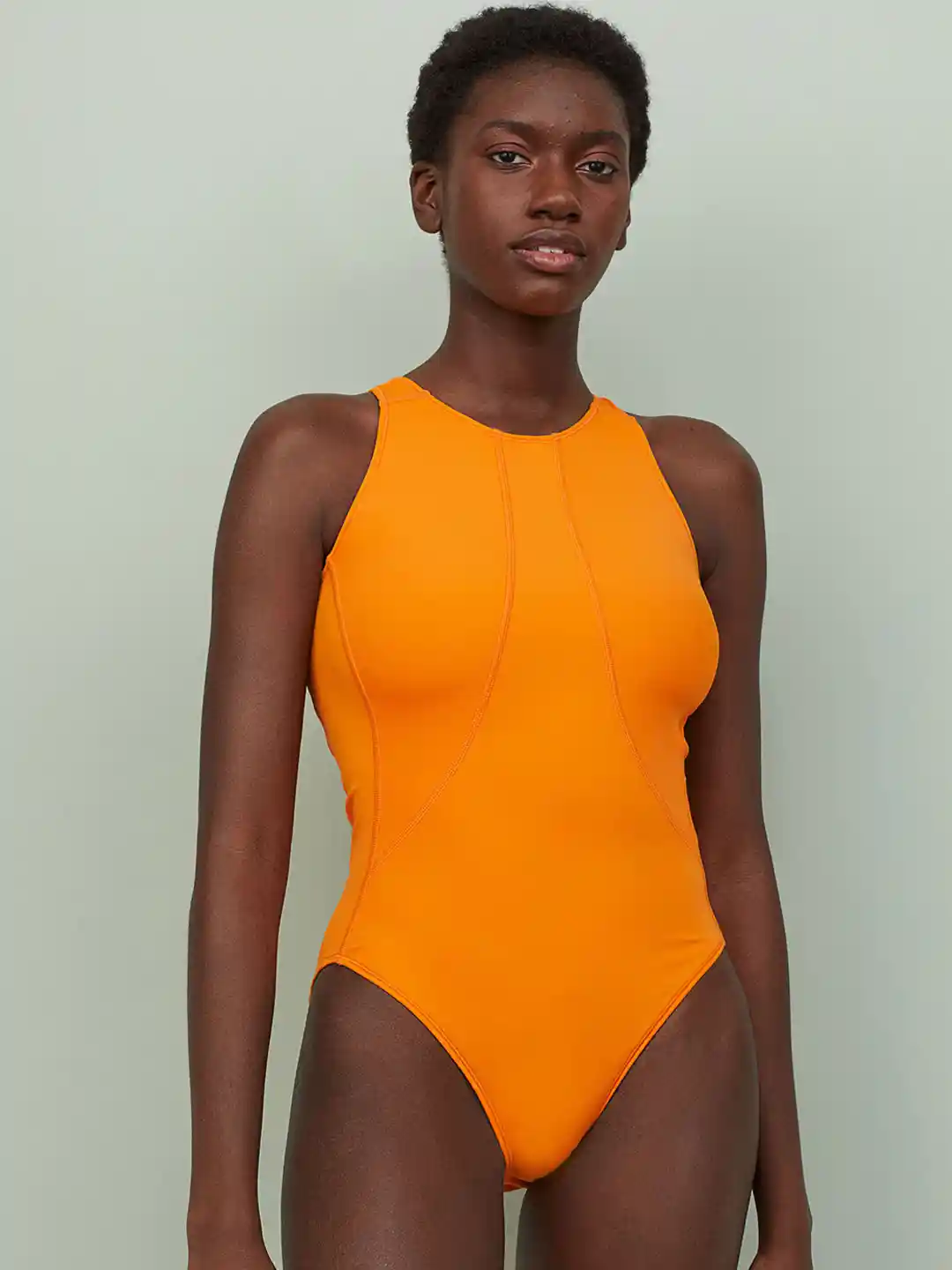 Buy H&M Women Orange Solid Sports Swimsuit High Leg Swimwear for