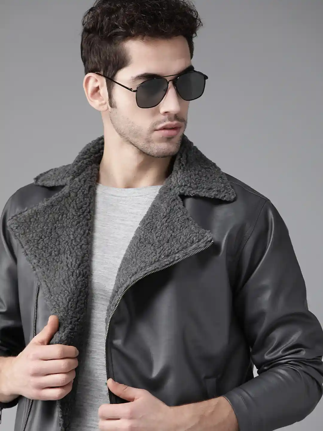 Buy Roadster Men Charcoal Grey Solid Biker Jacket with Faux Fur