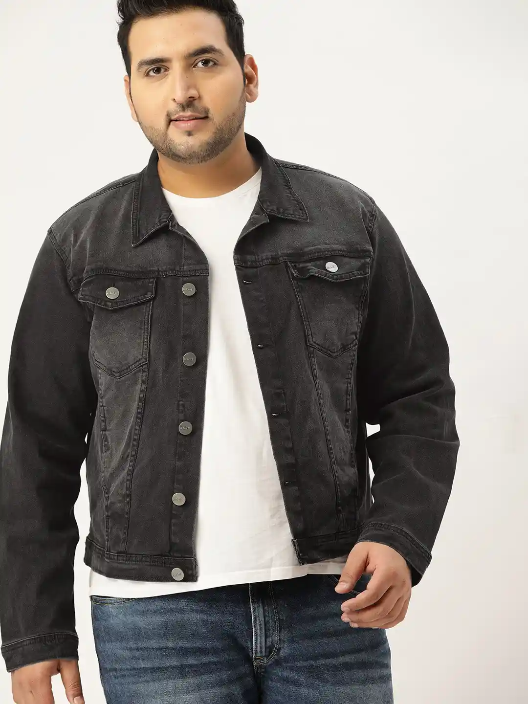 Buy Sztori Men Plus Size Charcoal Grey Washed Denim Jacket