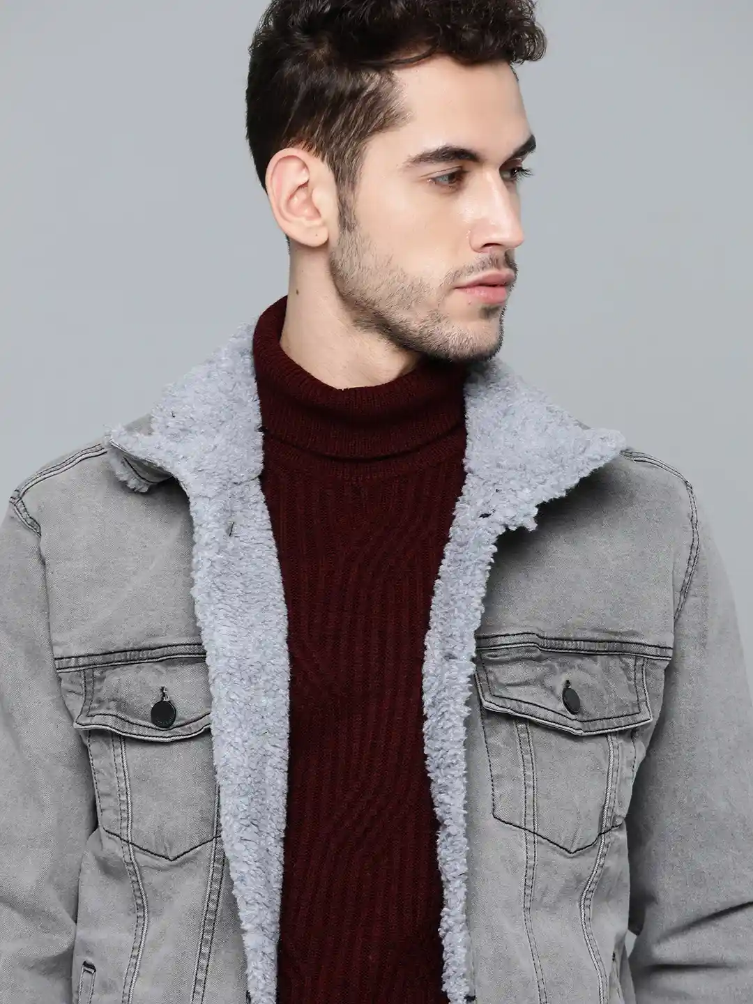 High Collar Fur Denim Jacket Mens HERE&NOW Men Grey Washed Denim
