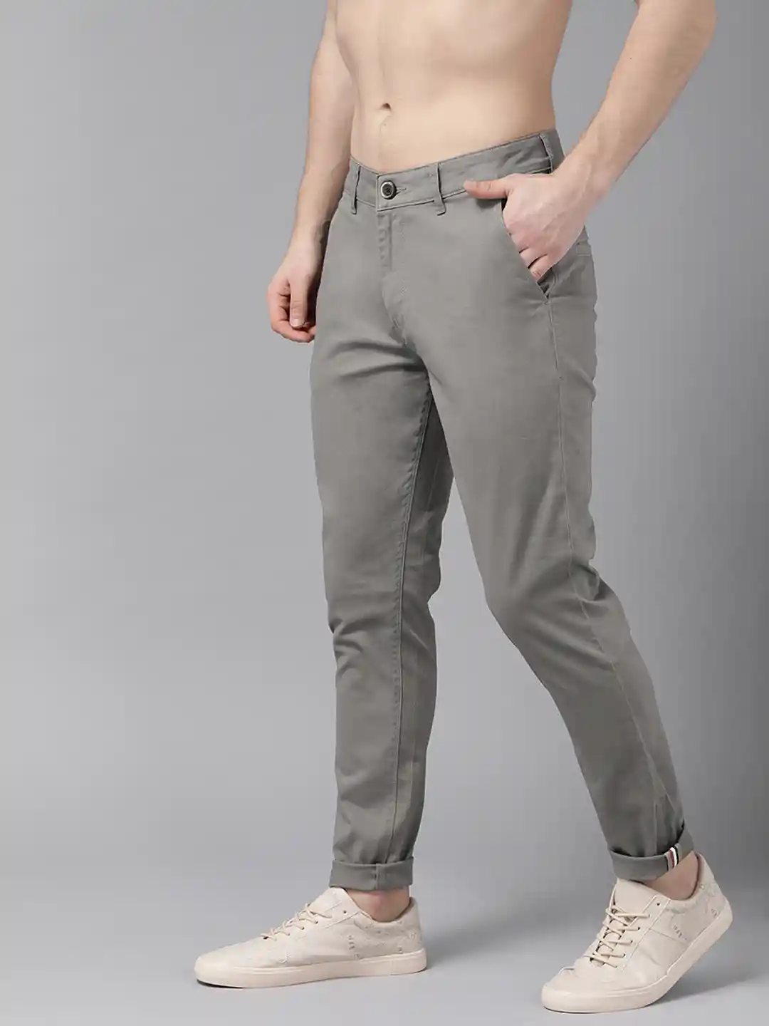 Buy Roadster Men Grey Tapered Slim Fit Solid Chinos Trousers for