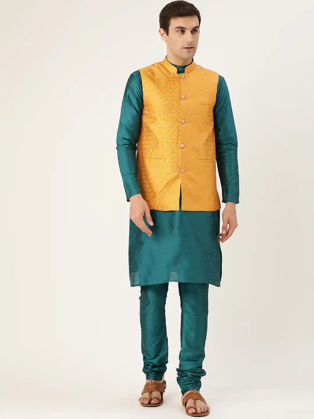 SOJANYA Men Teal Green Mustard Yellow Solid Kurta with Churidar Nehru  Jacket