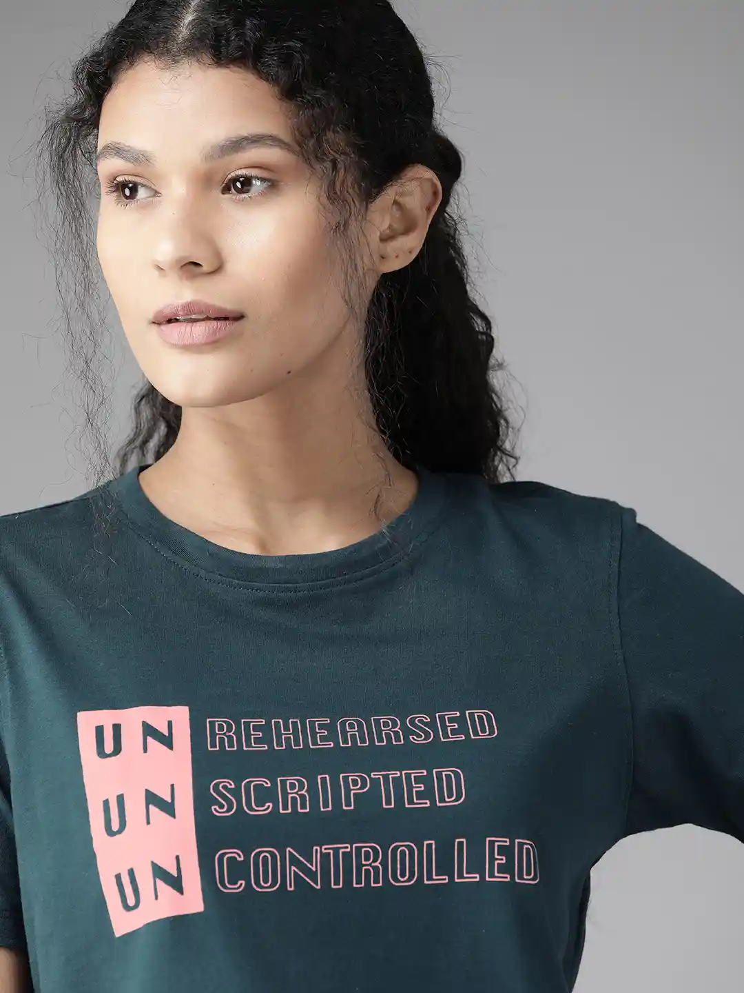 Roadster Women Teal Green Pink Printed Round Neck Pure Cotton T-shirt