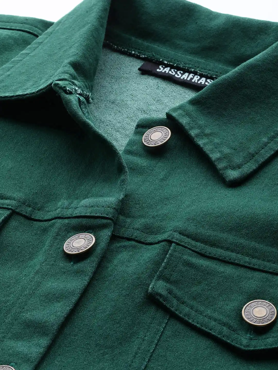 Buy SASSAFRAS Women Green Solid Denim Jacket with Belt - Jackets