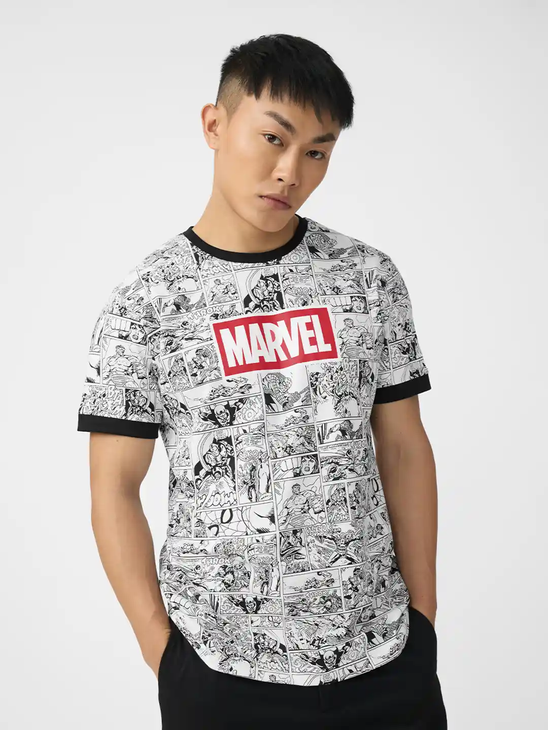The Souled Store Men White Black Marvel Comic Strip Print Round Neck  T-shirt