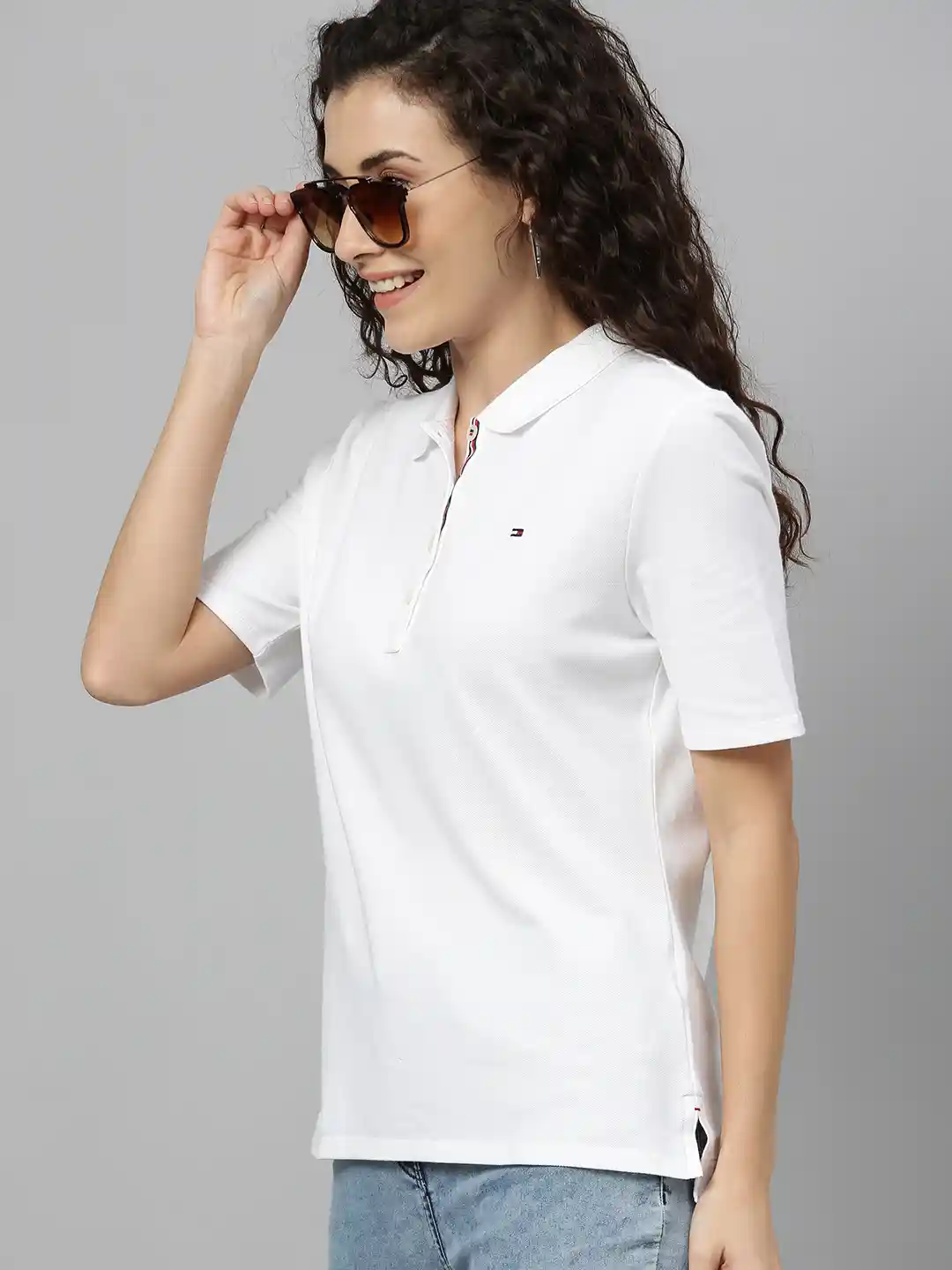 Tommy Hilfiger Women White Solid Polo Collar T-shirt
