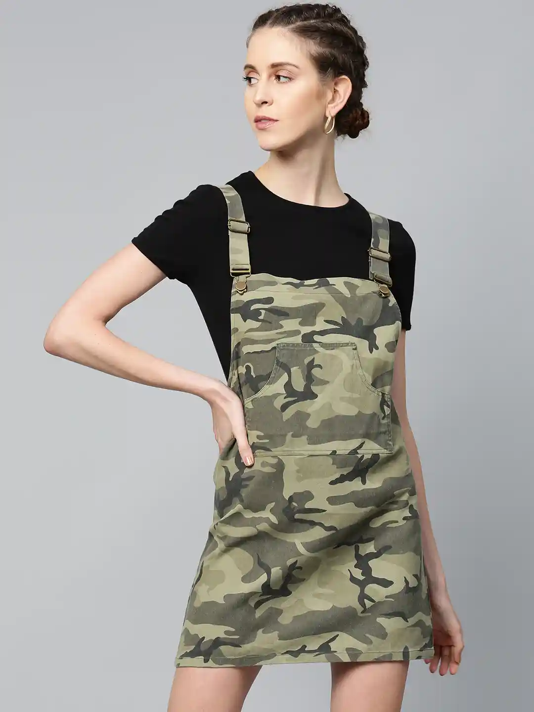 Buy SASSAFRAS Women Olive Green Camouflage Print Twill Pinafore