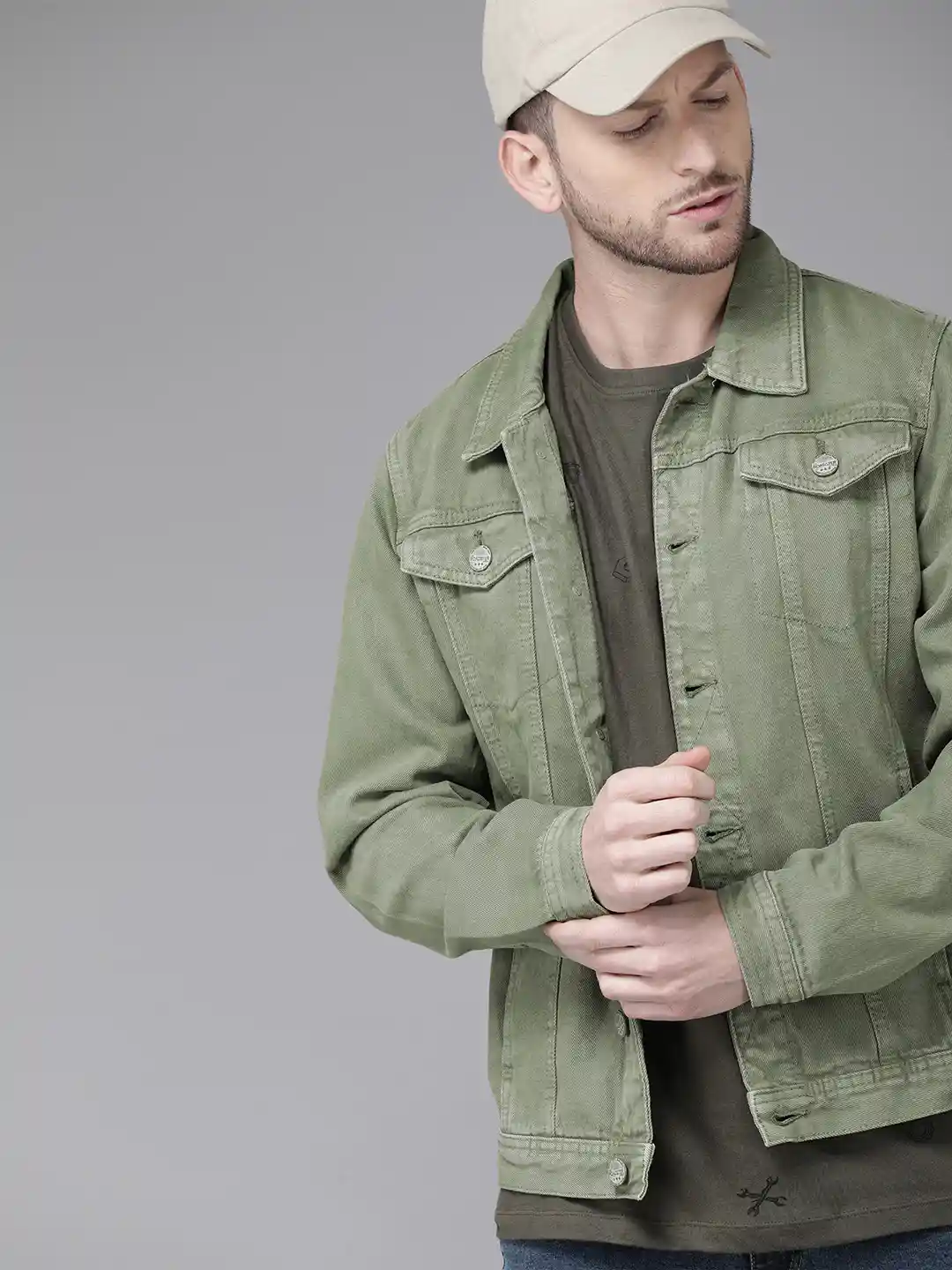 Buy Roadster Men Olive Green Solid Denim Jacket Jackets for Men