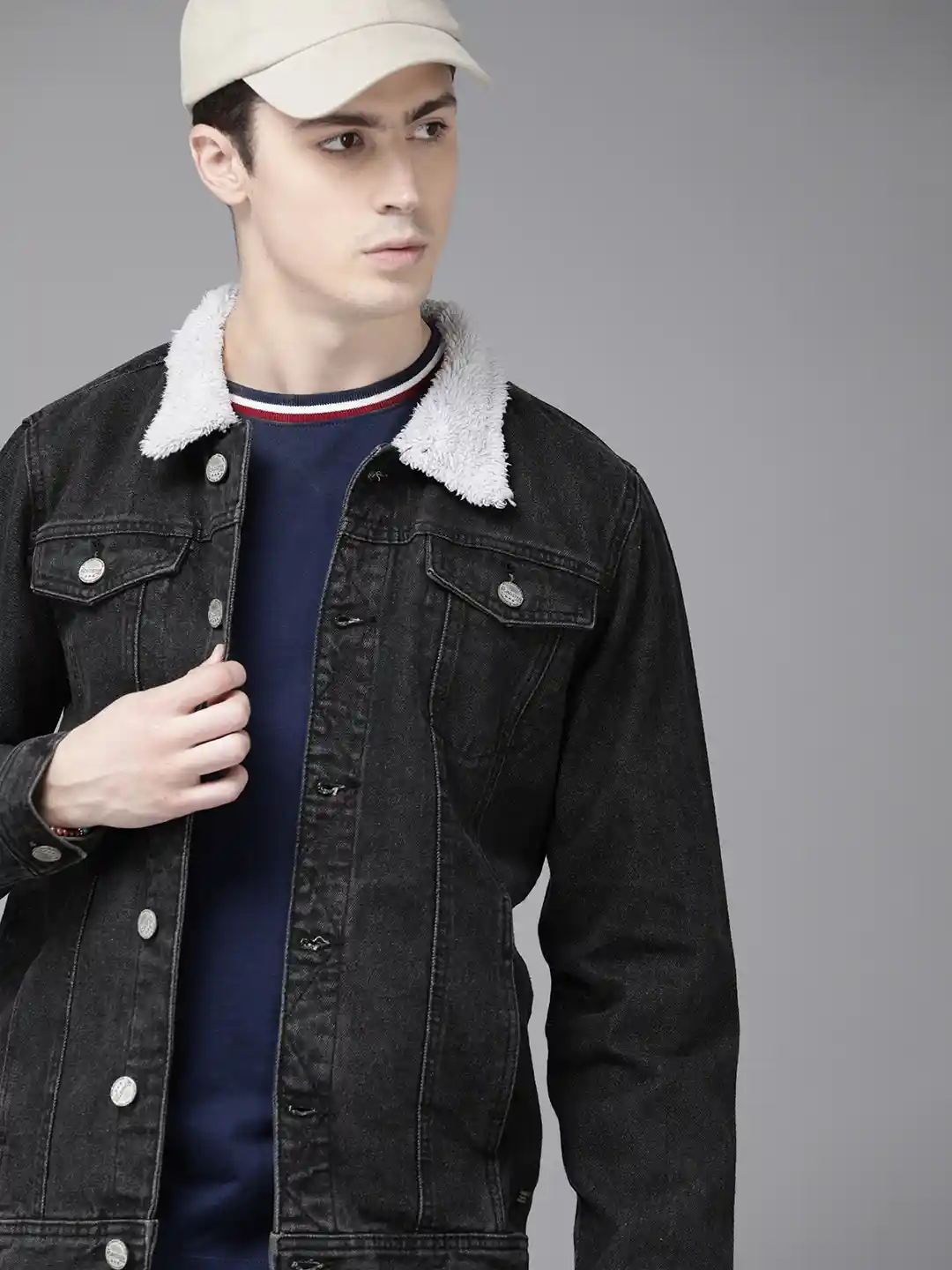 Buy Roadster Men Black Solid Denim Jacket With Faux Fur Trims