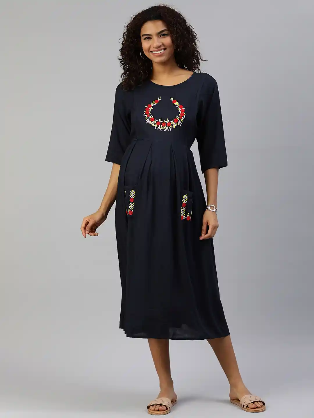 Buy MomToBe Navy Blue Embroidered Cotton A-Line Maternity Nursing