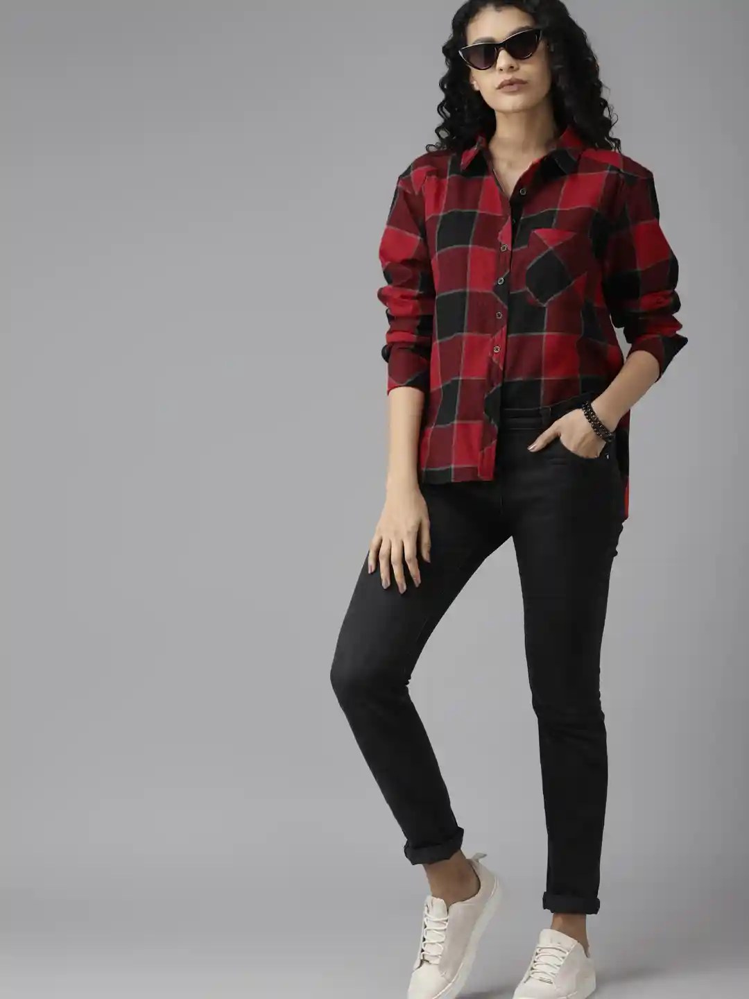 Buy Roadster Women Red Black Flannel Woven Regular Fit Checked