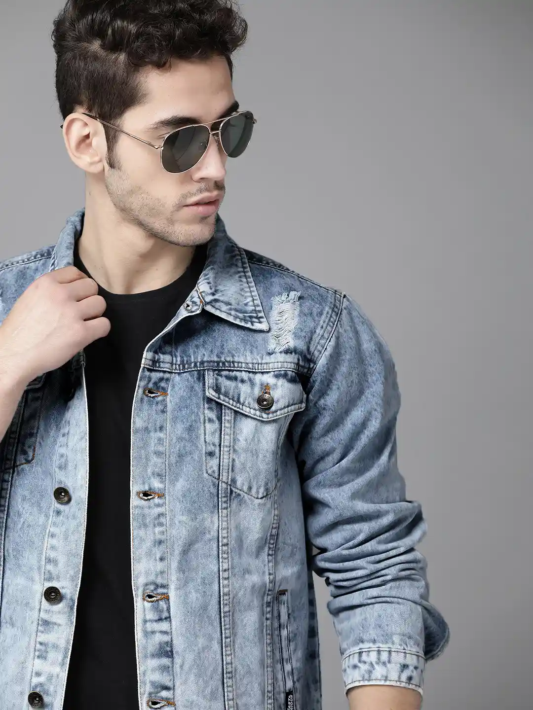 Roadster Men Blue Washed Ripped Detail Denim Jacket