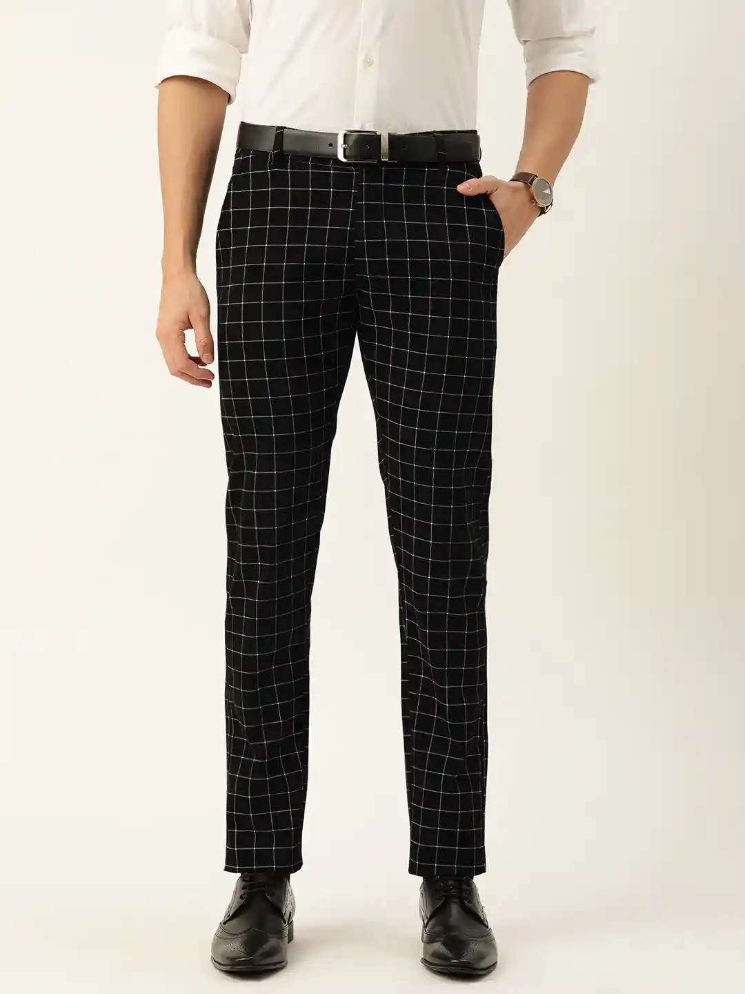 Buy Hancock Men Black White Slim Fit Checked Formal Trousers