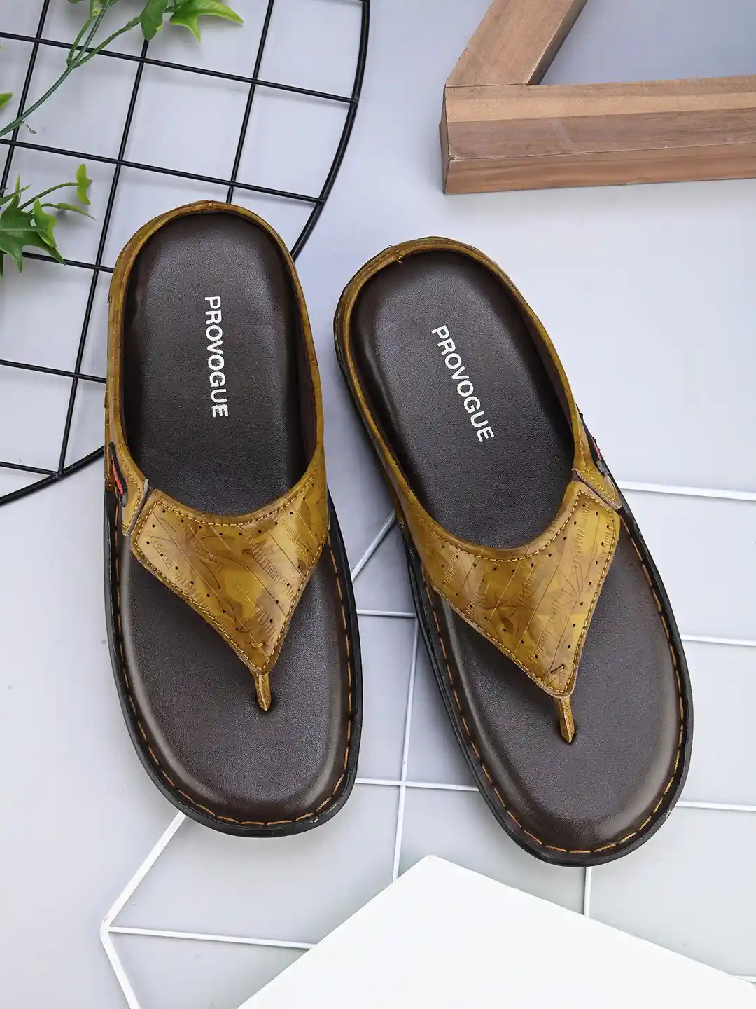 Provogue Men Yellow Solid Leather Thong Flip-Flops