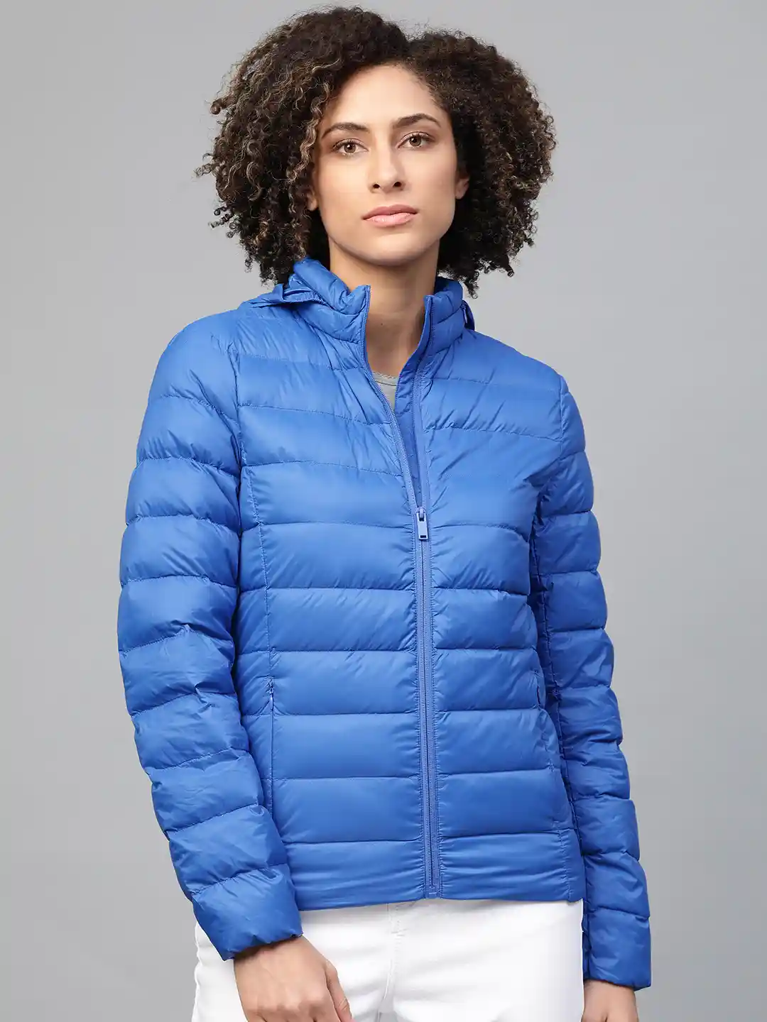 Light Blue Puffer Hooded Lightweight Puffer Jacket Light Grey