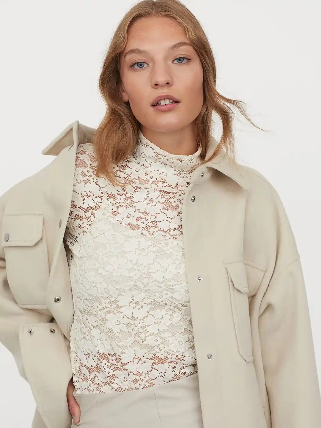 Buy H&M Women White Lace Turtleneck Top Tops for Women 12383502