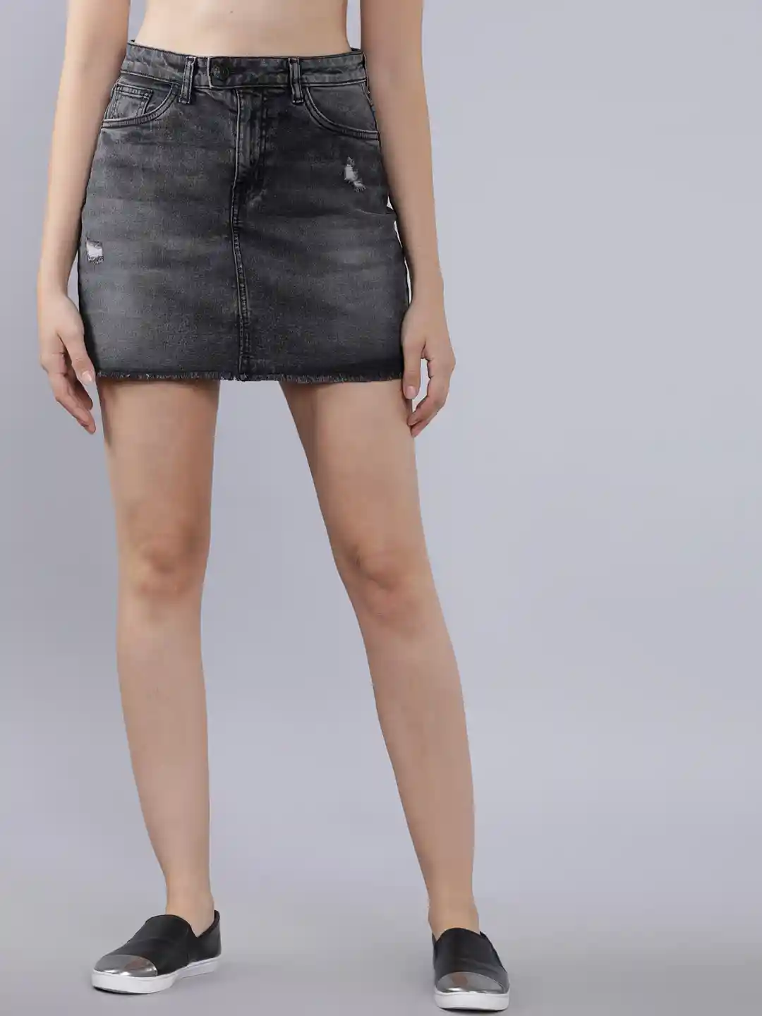 Buy Tokyo Talkies Women Black Solid Denim A-Line Mini Skirt