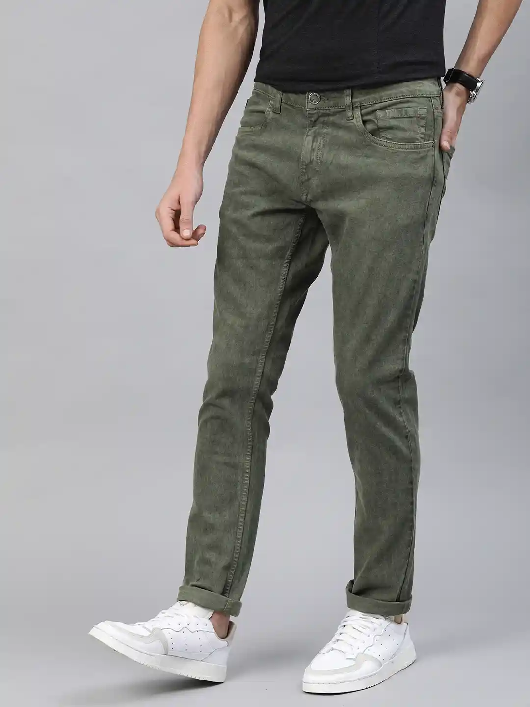 Buy WROGN Men Olive Green Slim Fit Mid-Rise Clean Look Stretchable
