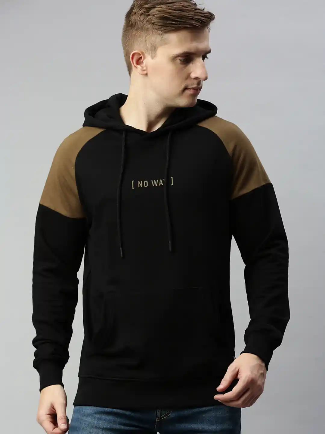 WROGN Men Black Slim Fit Solid Hooded Sweatshirt with Printed Detail