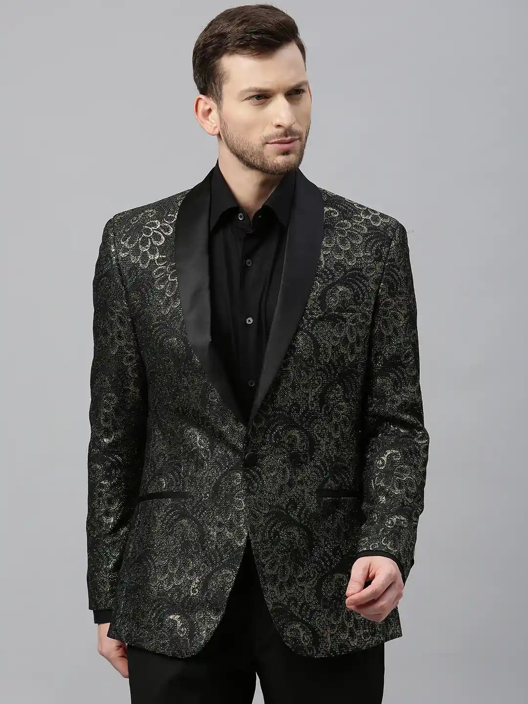 Buy Theme Men Black and Gold Floral Embroidered Slim-Fit Single
