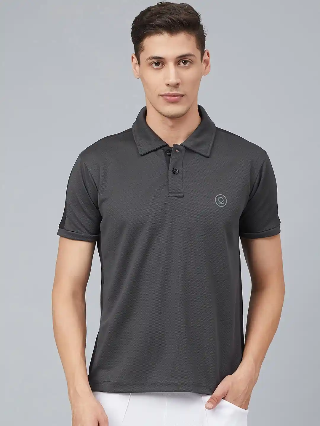 CHKOKKO Men Charcoal Grey Solid Dri-FIT Polo Collar T-shirt