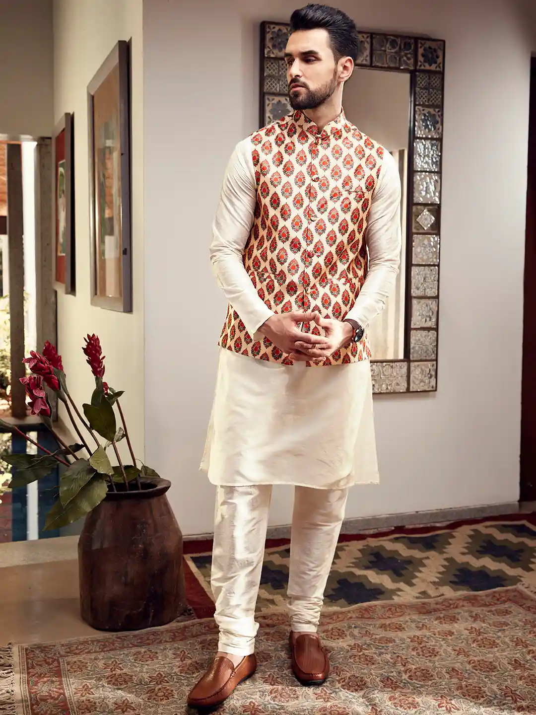 SOJANYA Men Off-White Red Solid Kurta Set with Nehru Jacket