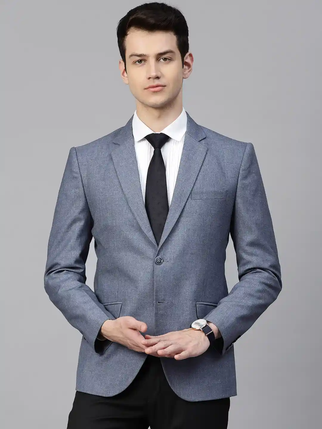 MANQ Men Blue Slim Fit Solid Single-Breasted Formal Blazer