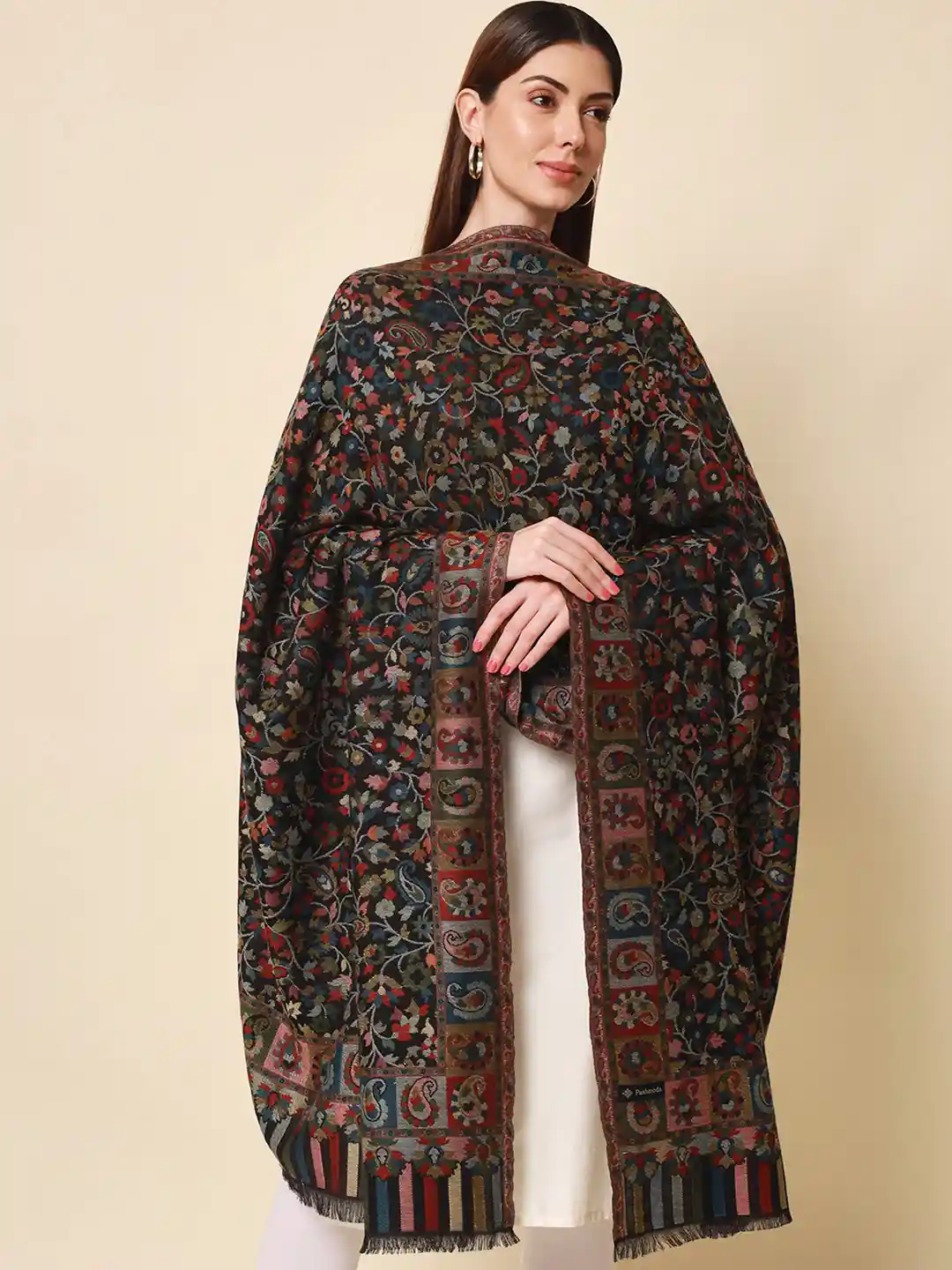 Pashmoda Women Black Red Woven-Design Shawl - Main Image