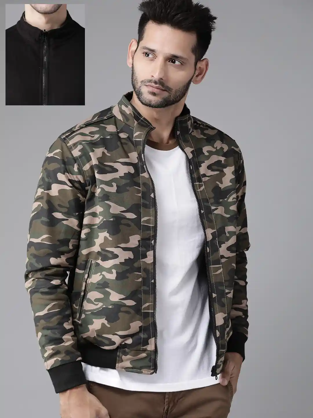 Buy Roadster Men Olive Green Black Camouflage Printed Reversible