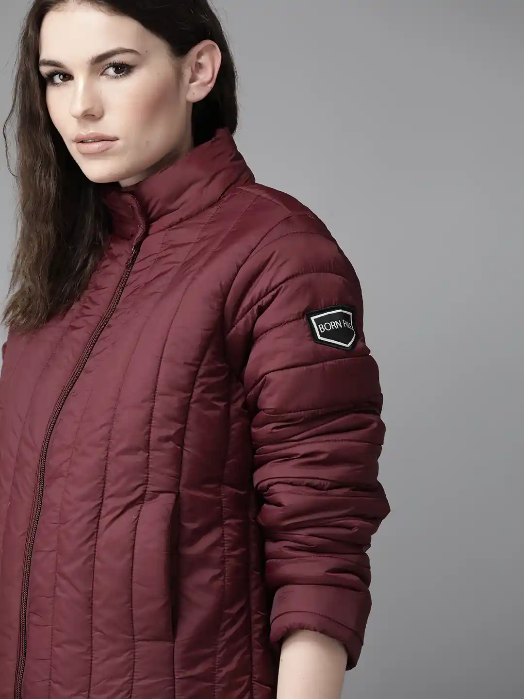 Buy Roadster Women Burgundy Solid Puffer Jacket with Applique