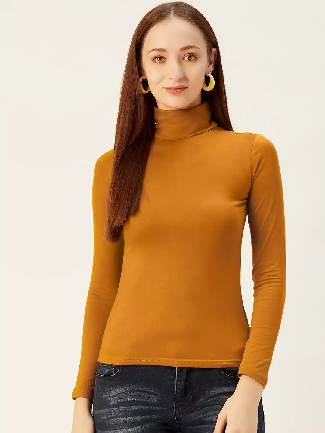 Buy Sera Women Mustard Yellow Solid Turtle Neck T-shirt Tshirts