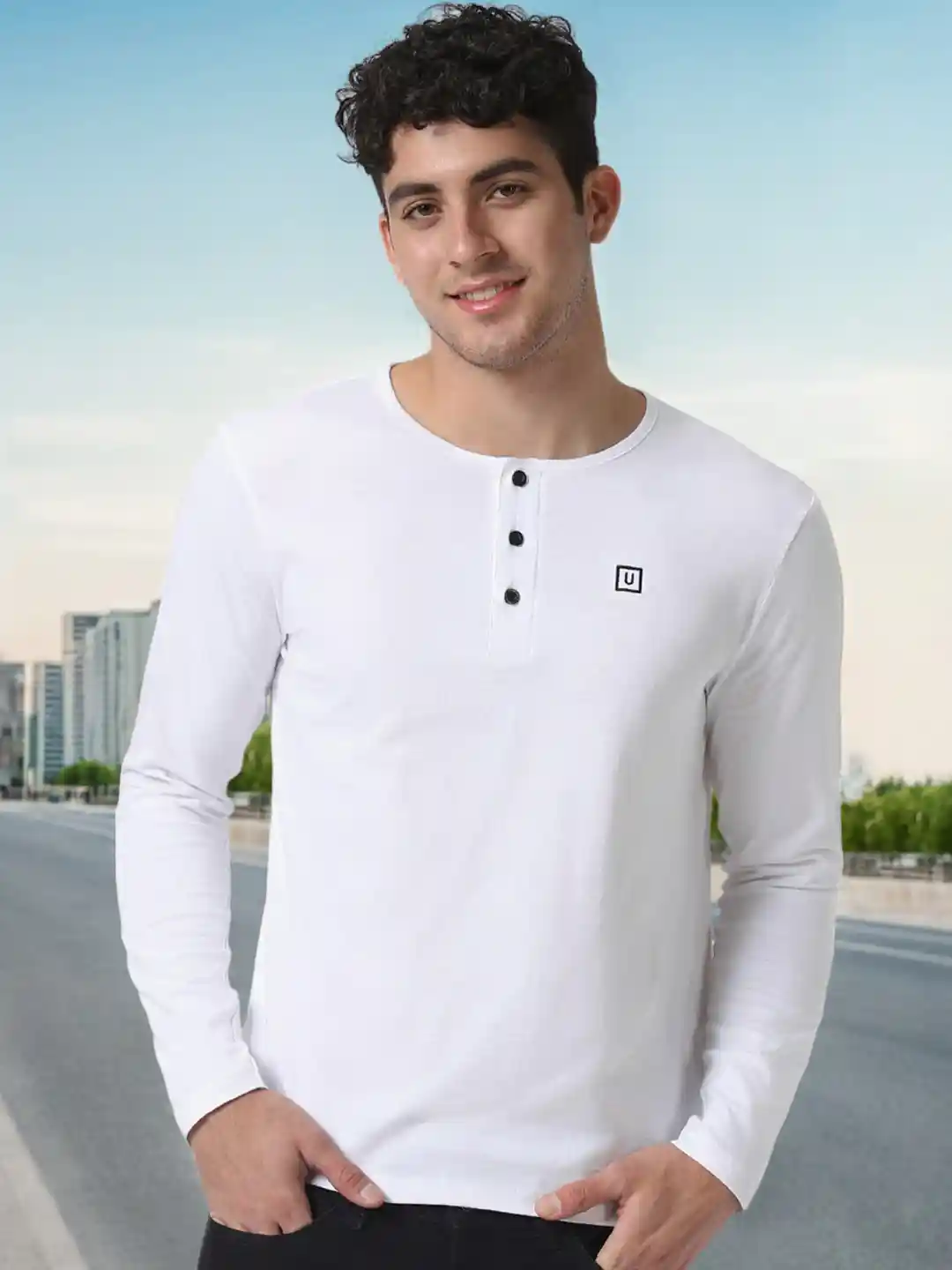 Urbano Fashion Men White Solid Henley Neck Pure Cotton Slim Fit T-shirt